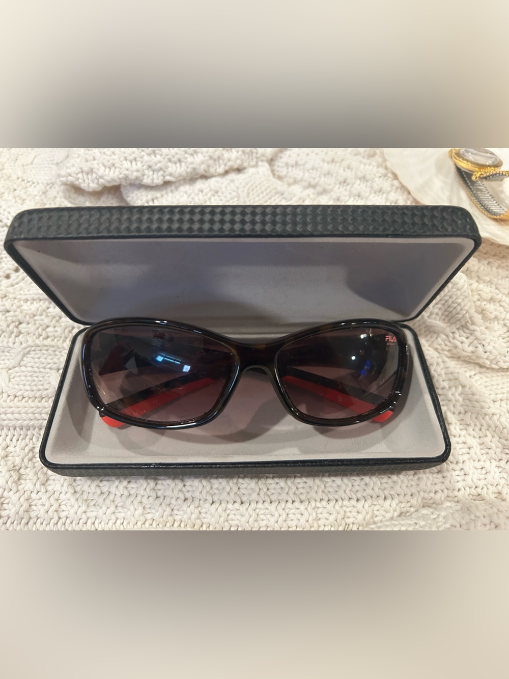 FILA Women's Black and Red Tortoise Shell Accent Sunglasses